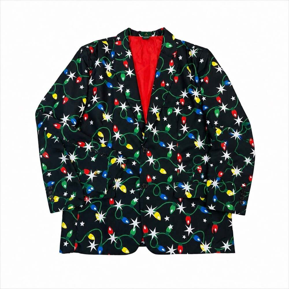 Christmas Novelty Print Jacket Blazer Mens Size XL Lights & Stars 2 Button Ugly